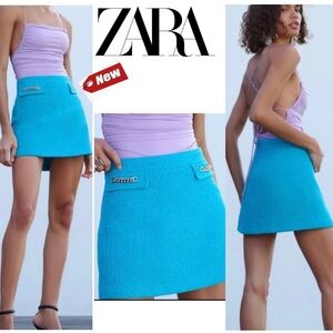 Zara turquoise blue high waisted gold-tone chain tweed mini skirt Sz L NWT
